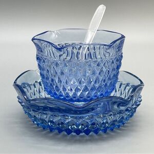 Vintage Indiana Glass Diamond Point Mayo Sauce Set Regal Blue